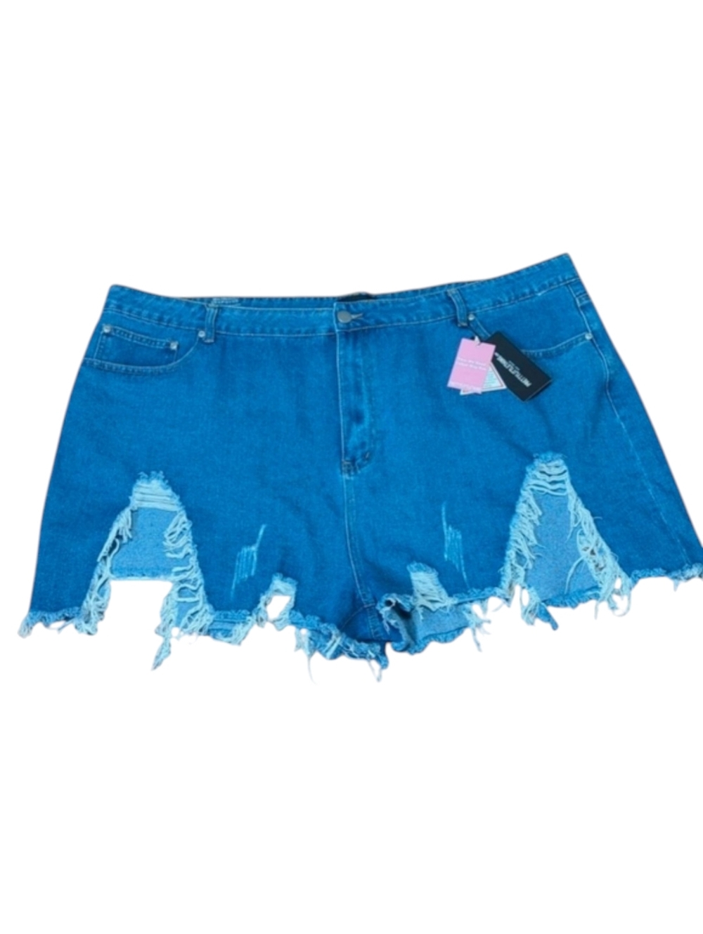 PrettyLittleThing Mid Wash Extreme Thigh Rip Denim Shorts Frayed Hem PLE…